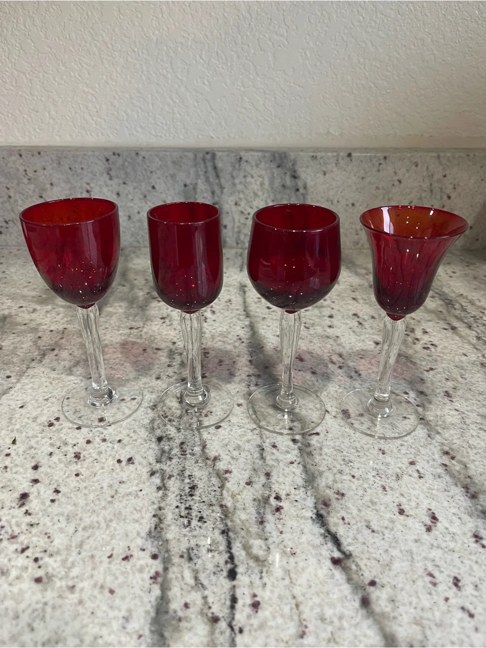 Crate&Barrel Red with clear stems cordial glasses - Set of 4